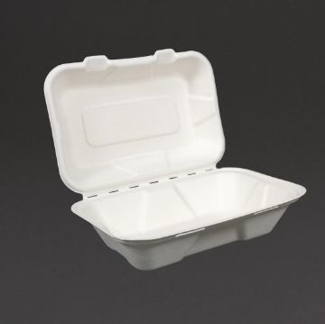 Picture of Vegware Compostable Bagasse Clamshell Hinged Meal Boxes 228mm
