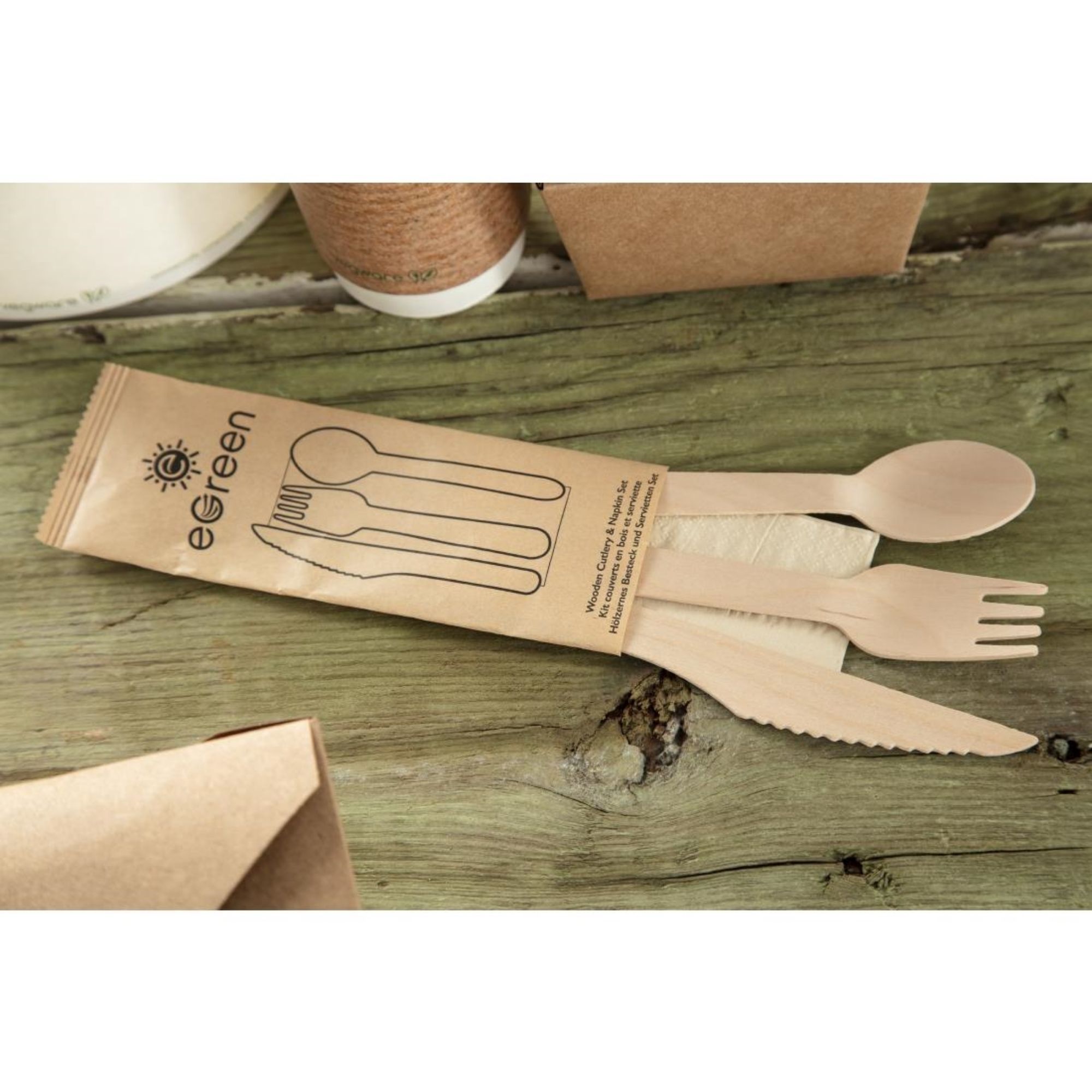 Picture of eGreen Individually Kraft Wrapped 4-in-1 Wooden Cutlery Set (250 pack)