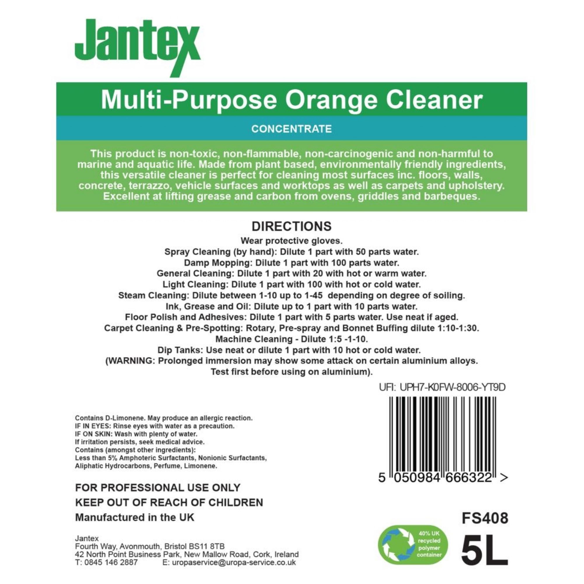 Picture of Jantex Green Orange Multipurpose Cleaner Concentrate 5Ltr