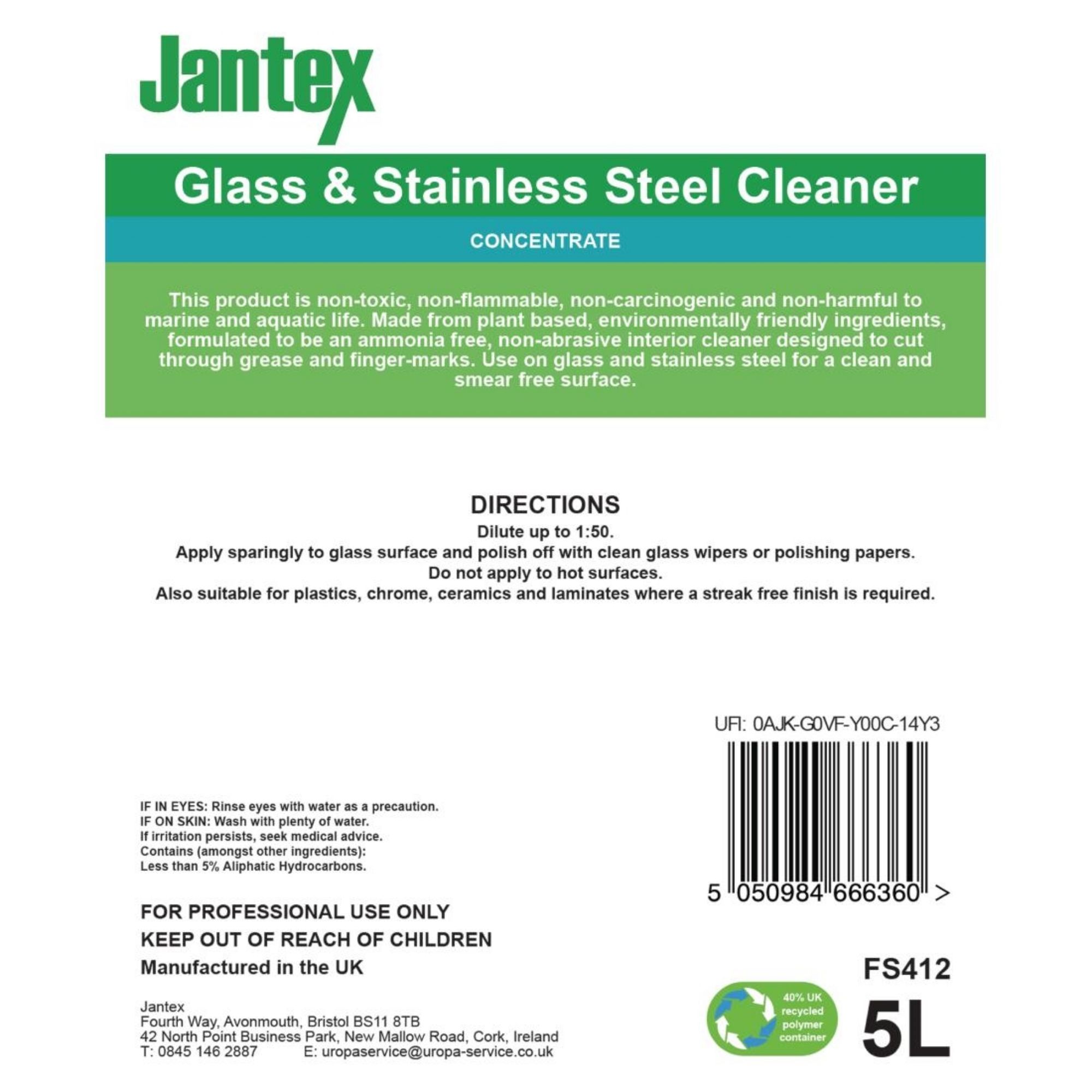 Picture of Jantex Green Glass and Stainless Steel Cleaner Concentrate 5Ltr
