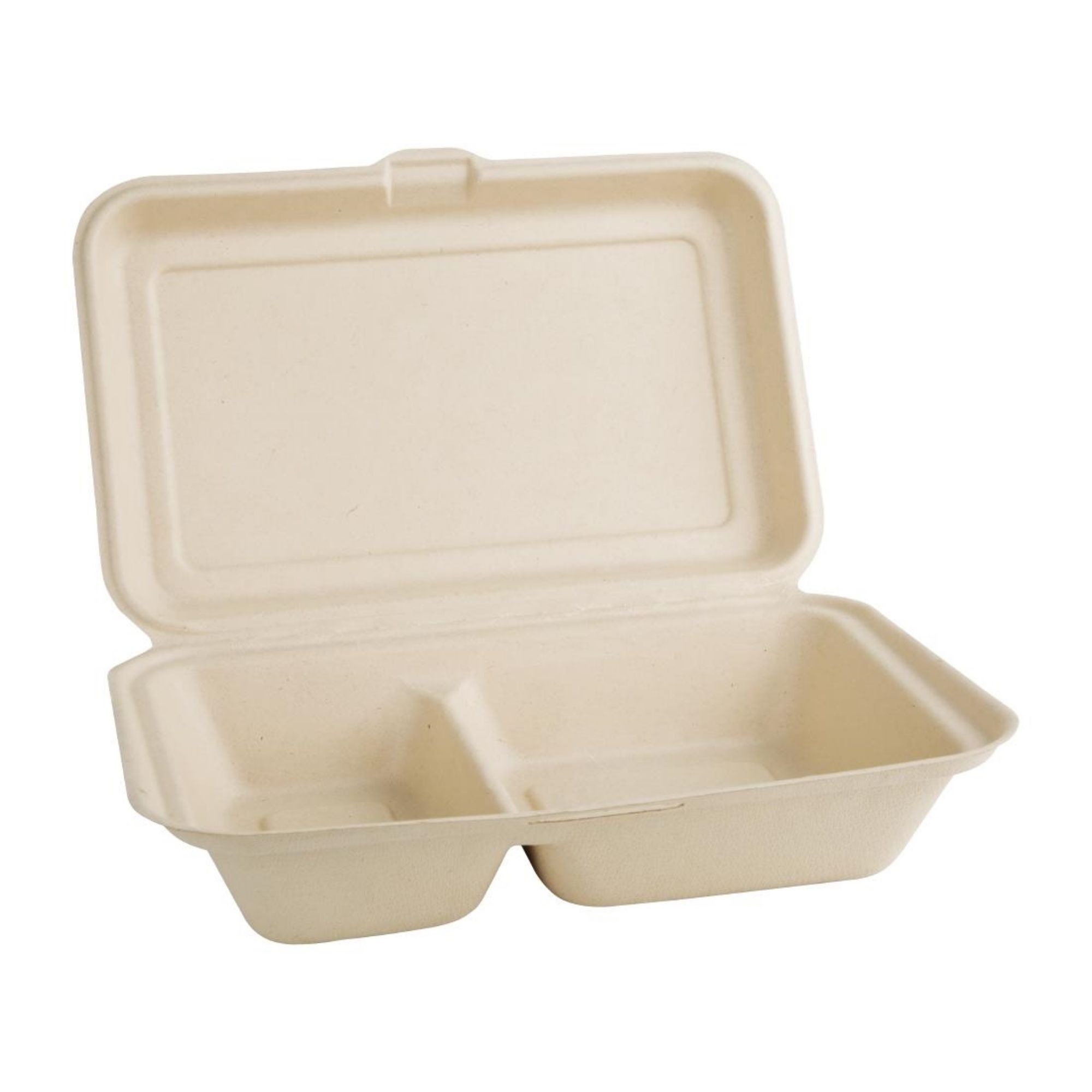Picture of Fiesta Compostable Bagasse Two-Compartment Hinged Food Containers Natural Colour 253mm (200 Pack)