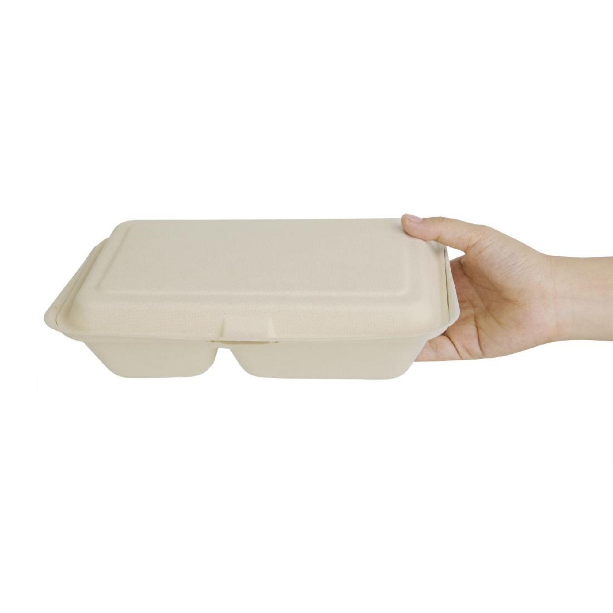 Picture of Fiesta Compostable Bagasse Two-Compartment Hinged Food Containers Natural Colour 253mm (200 Pack)