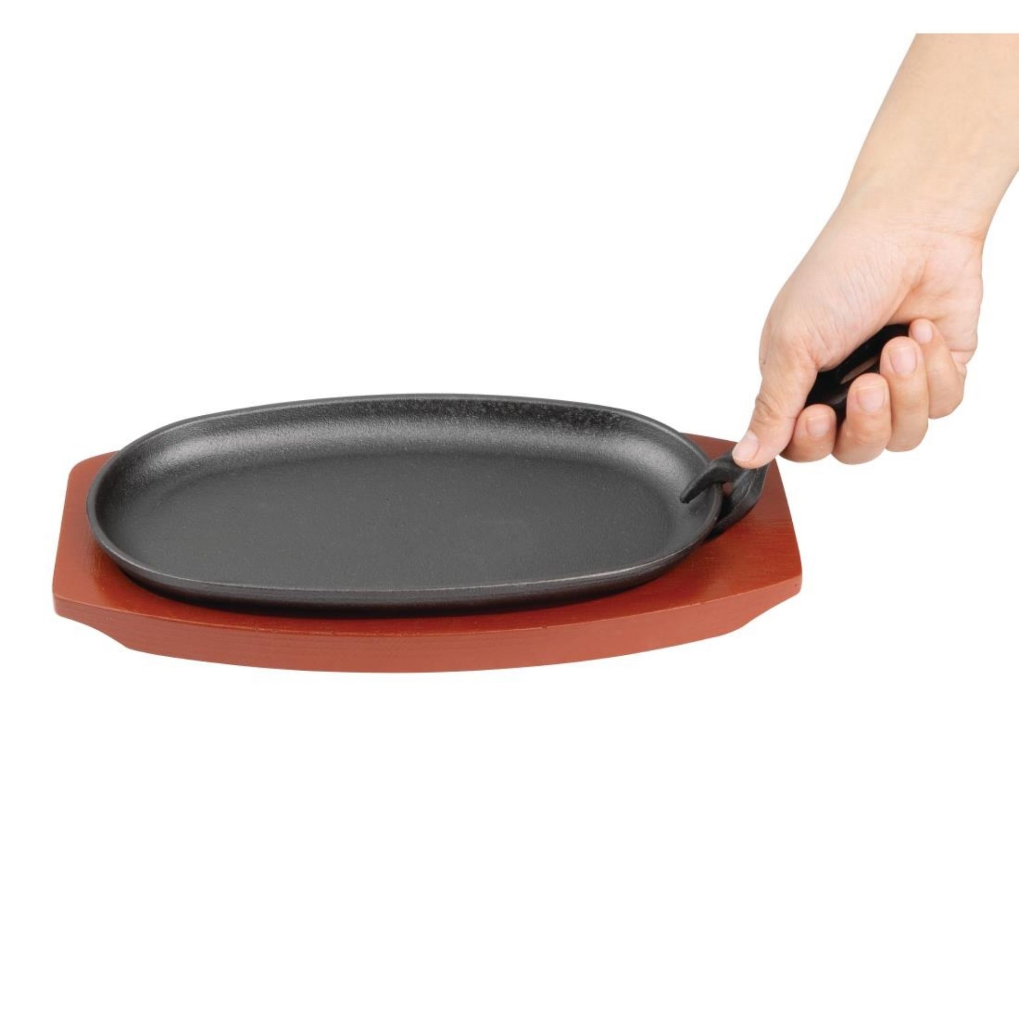 Picture of Olympia Cast Iron Oval Sizzler with Wooden Stand 24cm