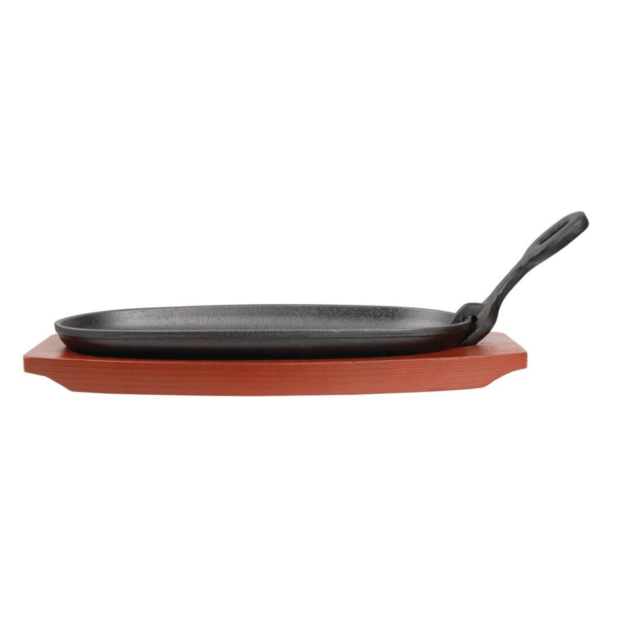 Picture of Olympia Cast Iron Oval Sizzler with Wooden Stand 24cm