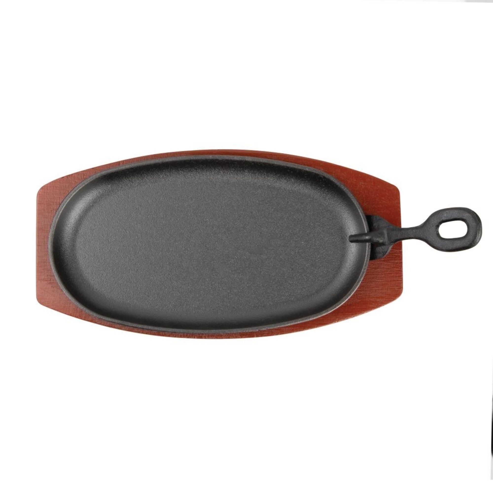 Picture of Olympia Cast Iron Oval Sizzler with Wooden Stand 24cm