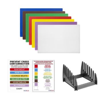 Picture of Hygiplas Low Density Chopping Board Set with Rack 450x300x10mm (Pack of 7)