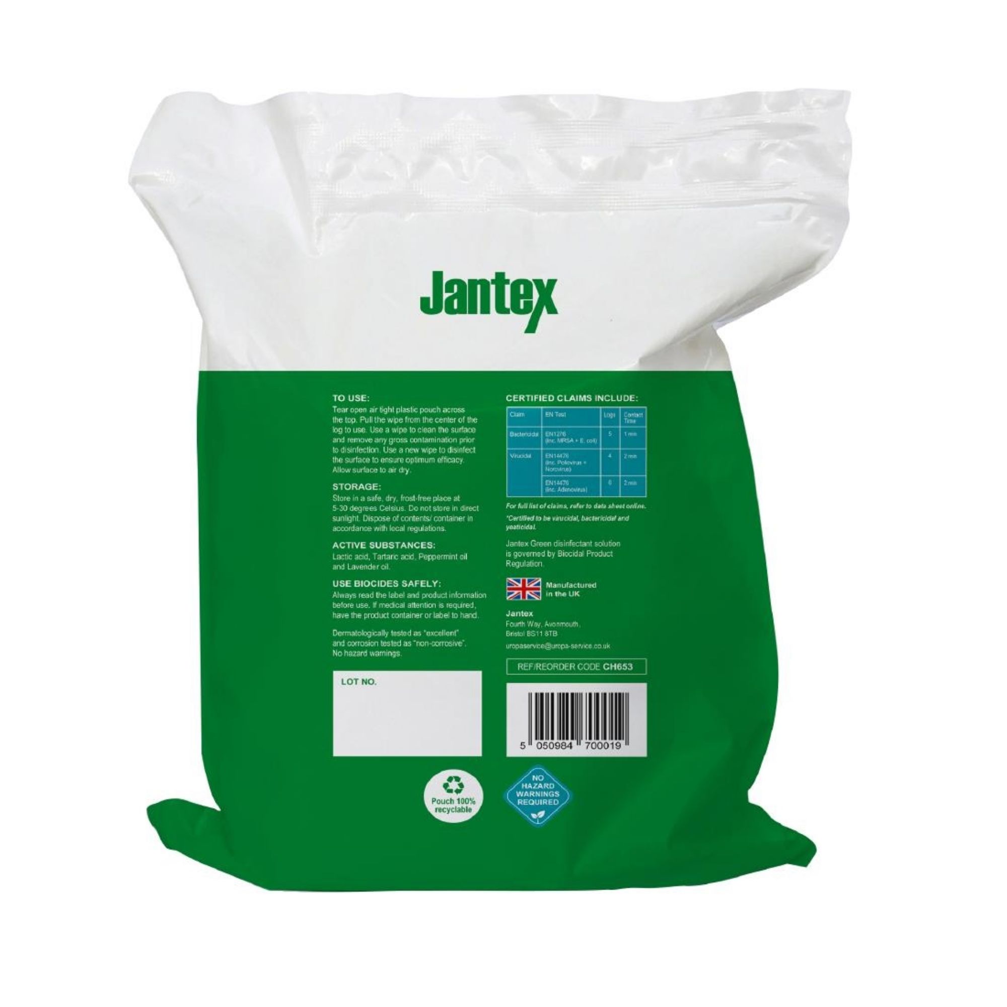 Picture of Jantex Green Surface Sanitiser Wipes Refill Pack 200mm (Pack of 400)