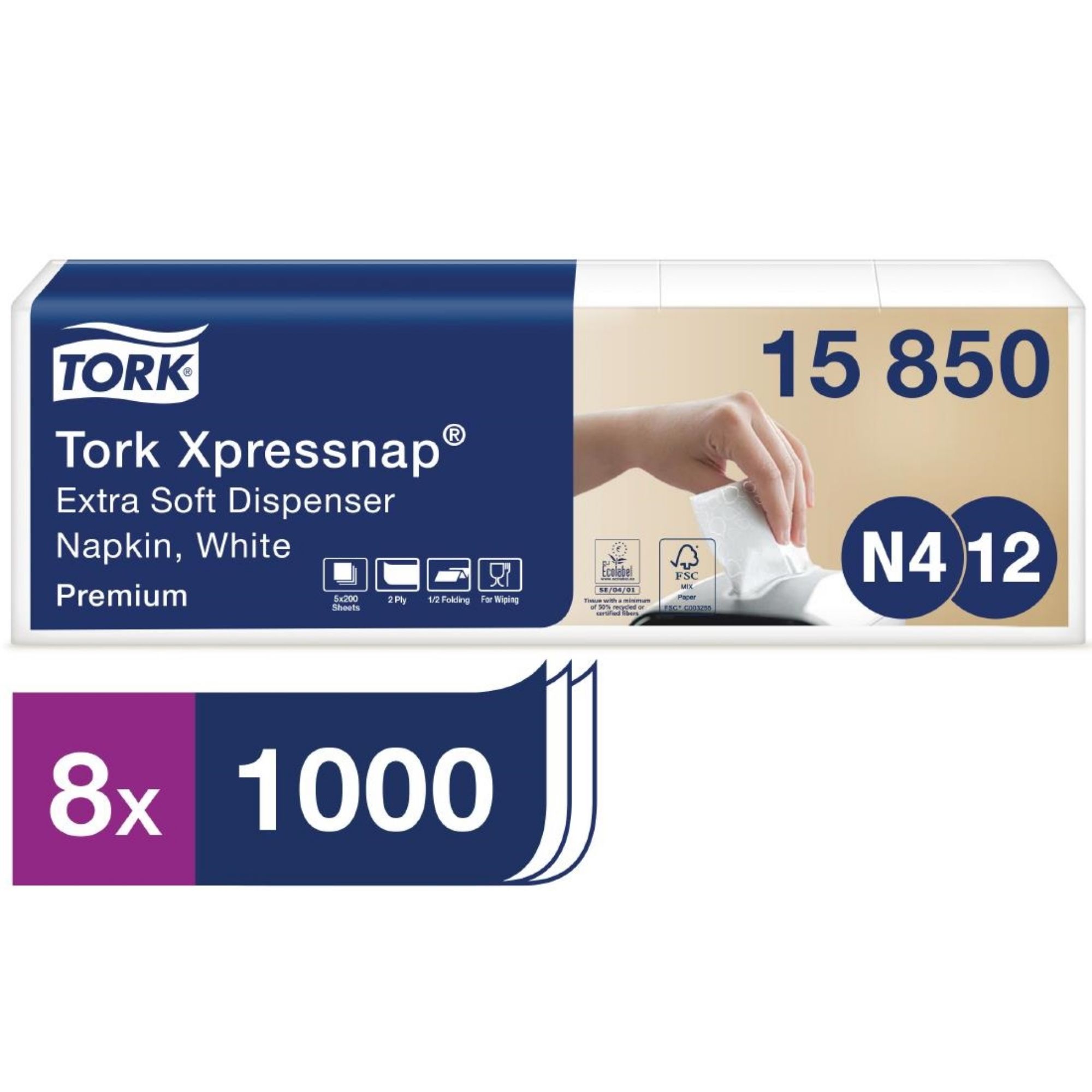 Picture of Tork Xpressnap Extra Soft Dispenser Napkin White 2Ply 1/2 Fold (Pack of 8x1000)