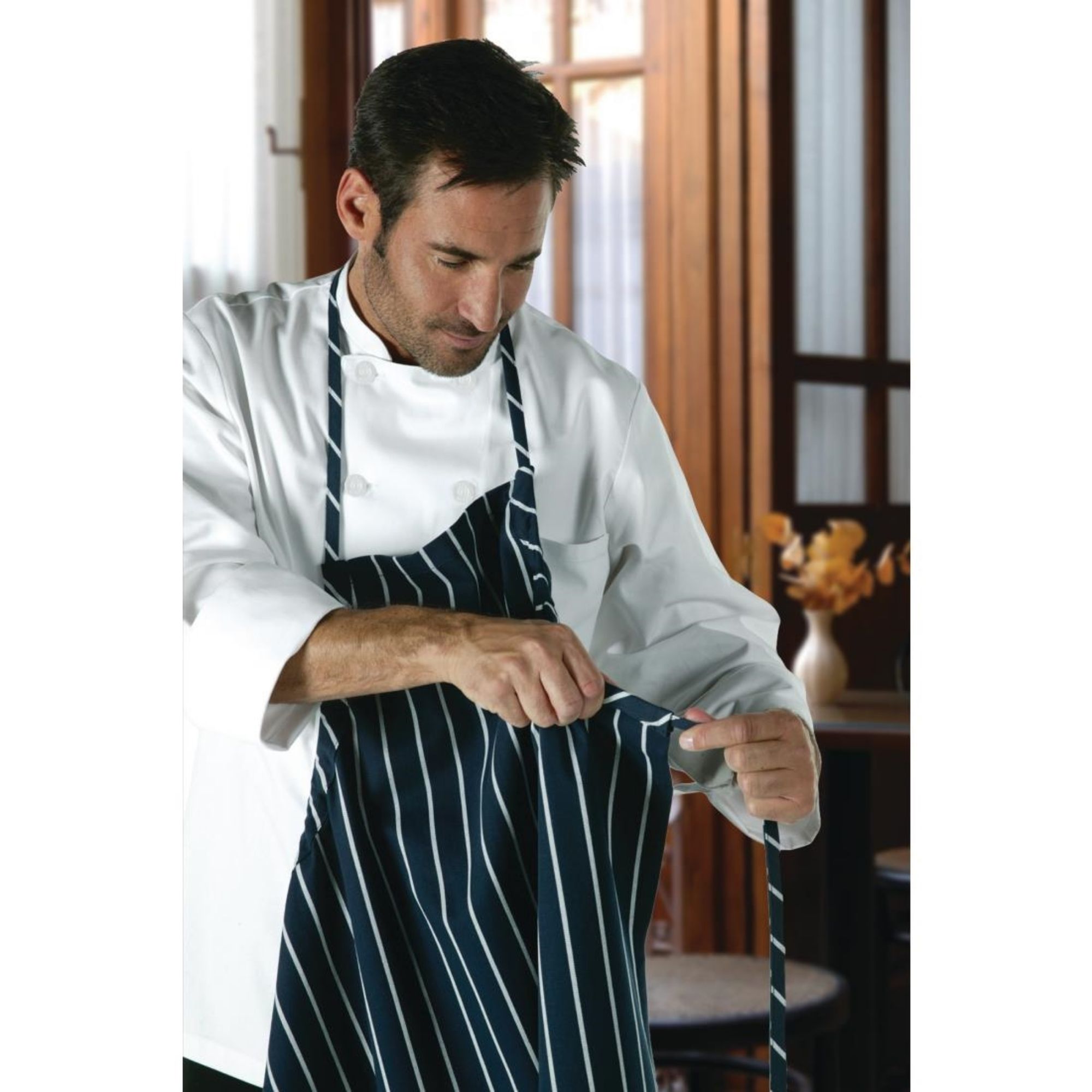 Picture of Chef Works Premium Woven Bib Apron Navy and White Stripe