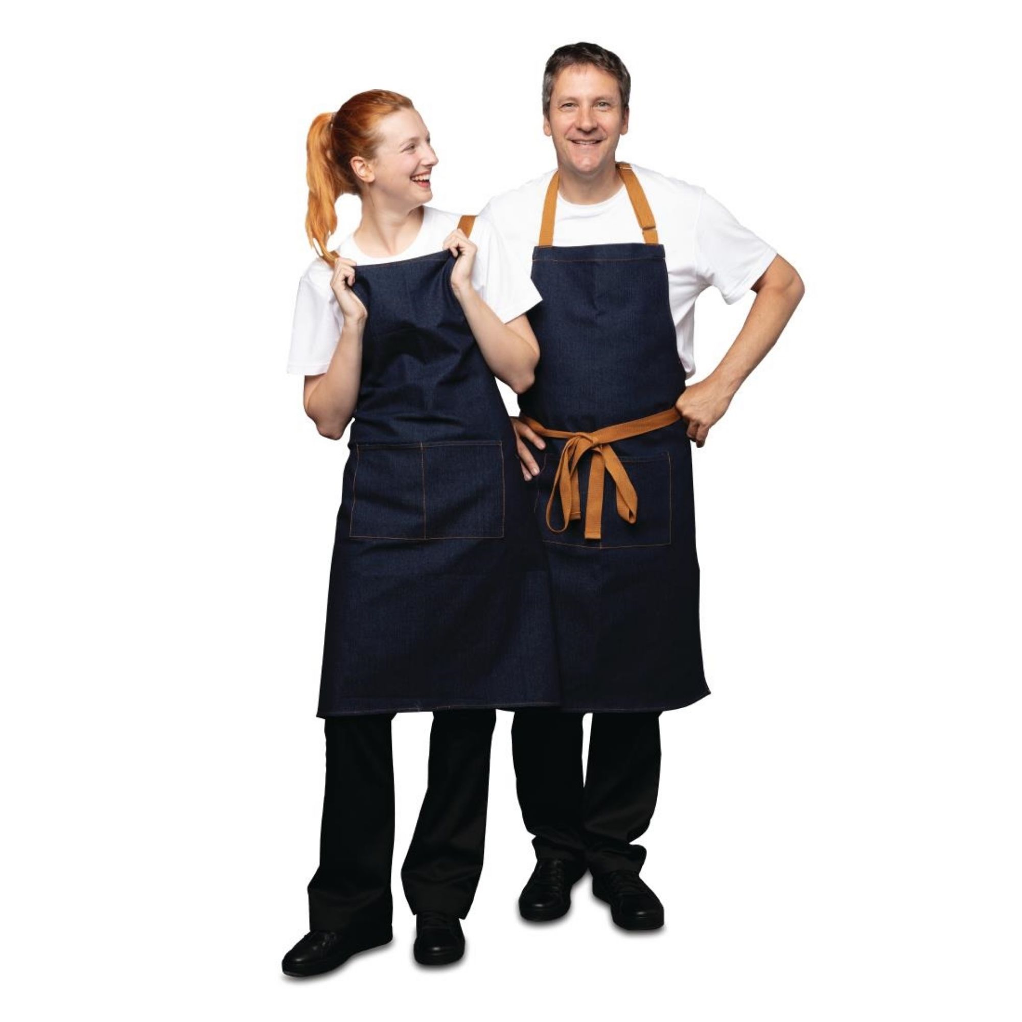 Picture of Southside X-Cross Back Apron Denim Blue Tan Ties