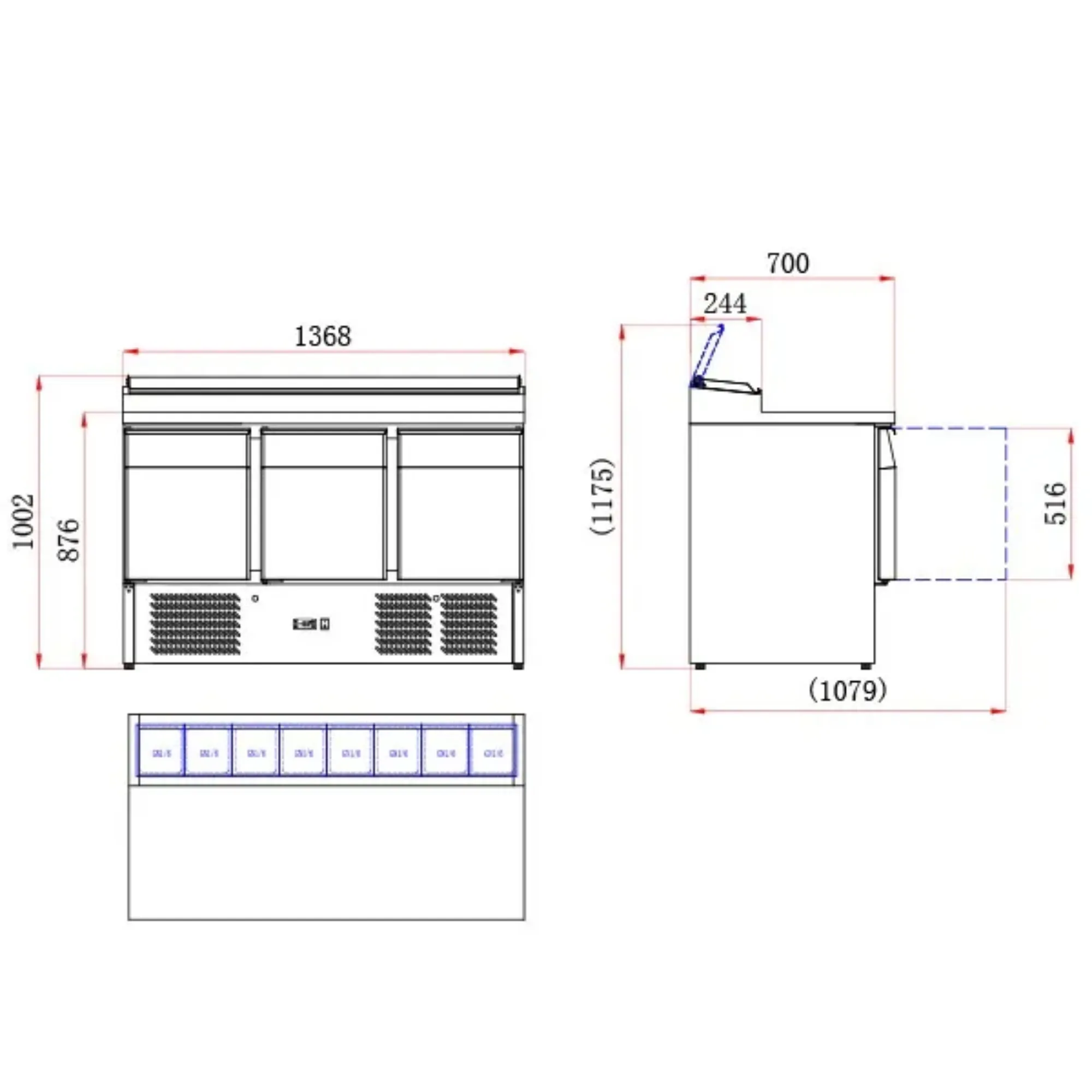 Picture of BLIZZARD Compact Triple Door Counter Refrigerator With Raised Collar BCC3EN