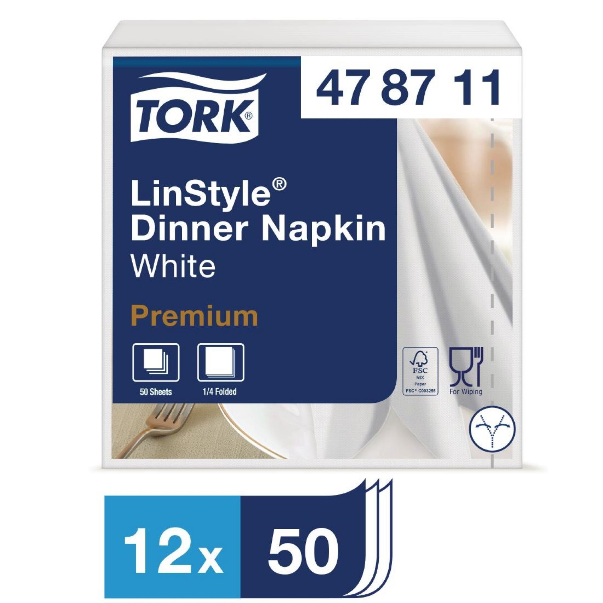 Picture of Tork Premium Linstyle Dinner Napkin White 40x40cm 1/4 Fold (Pack of 600)