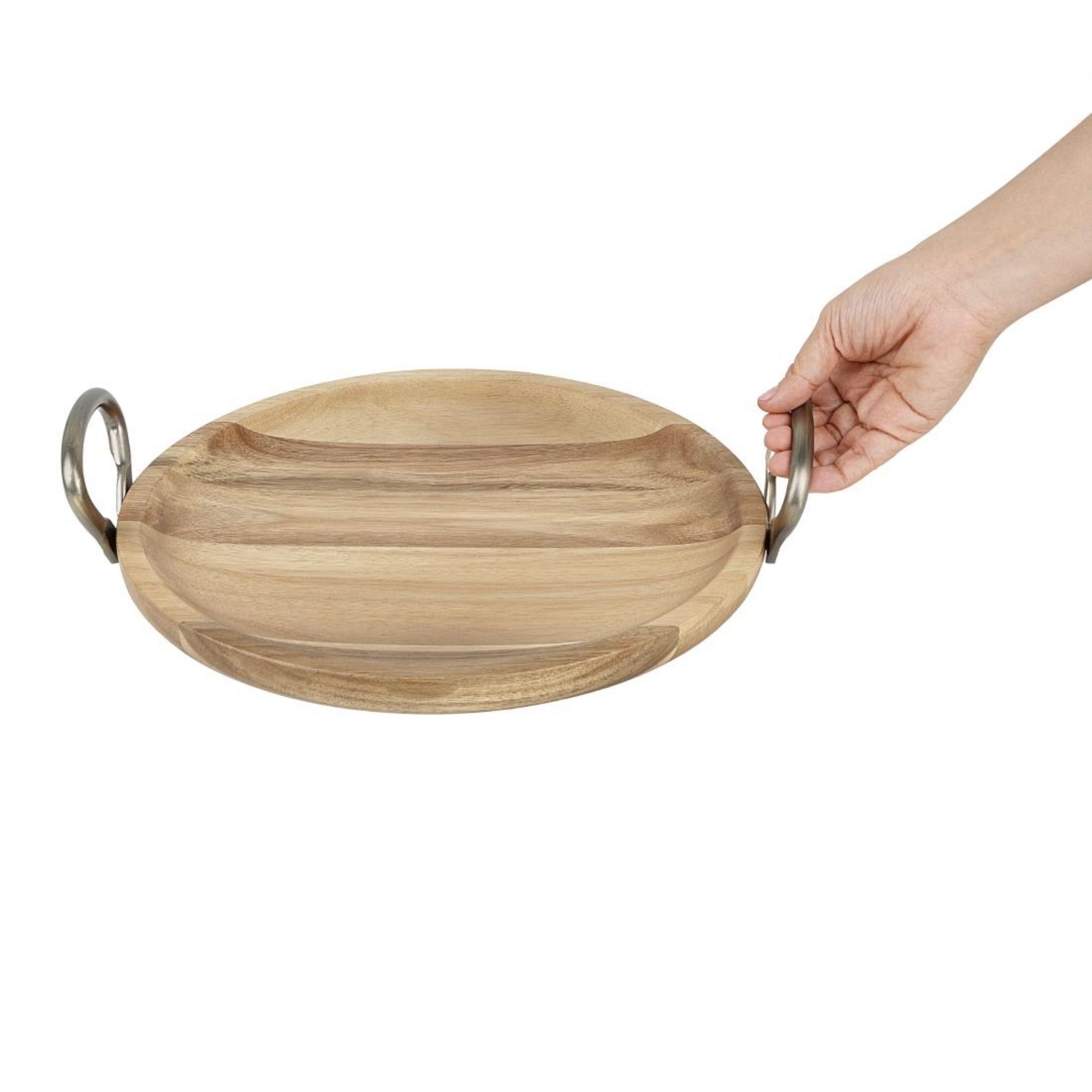 Picture of Olympia Round Dish Acacia Wood With Metal Handles 345x305x80mm