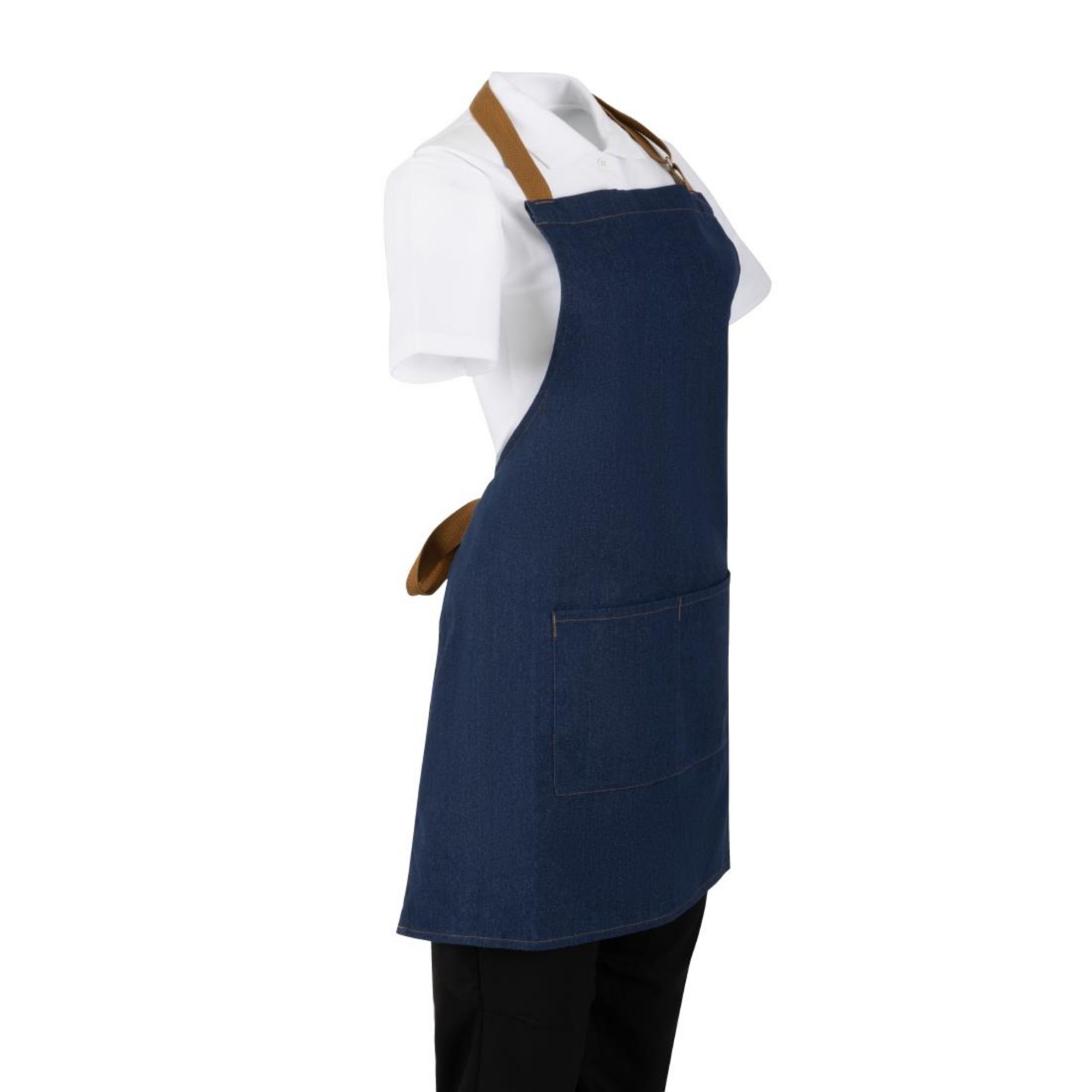 Picture of Southside Short Length Bib Apron Denim Blue with Tan Ties