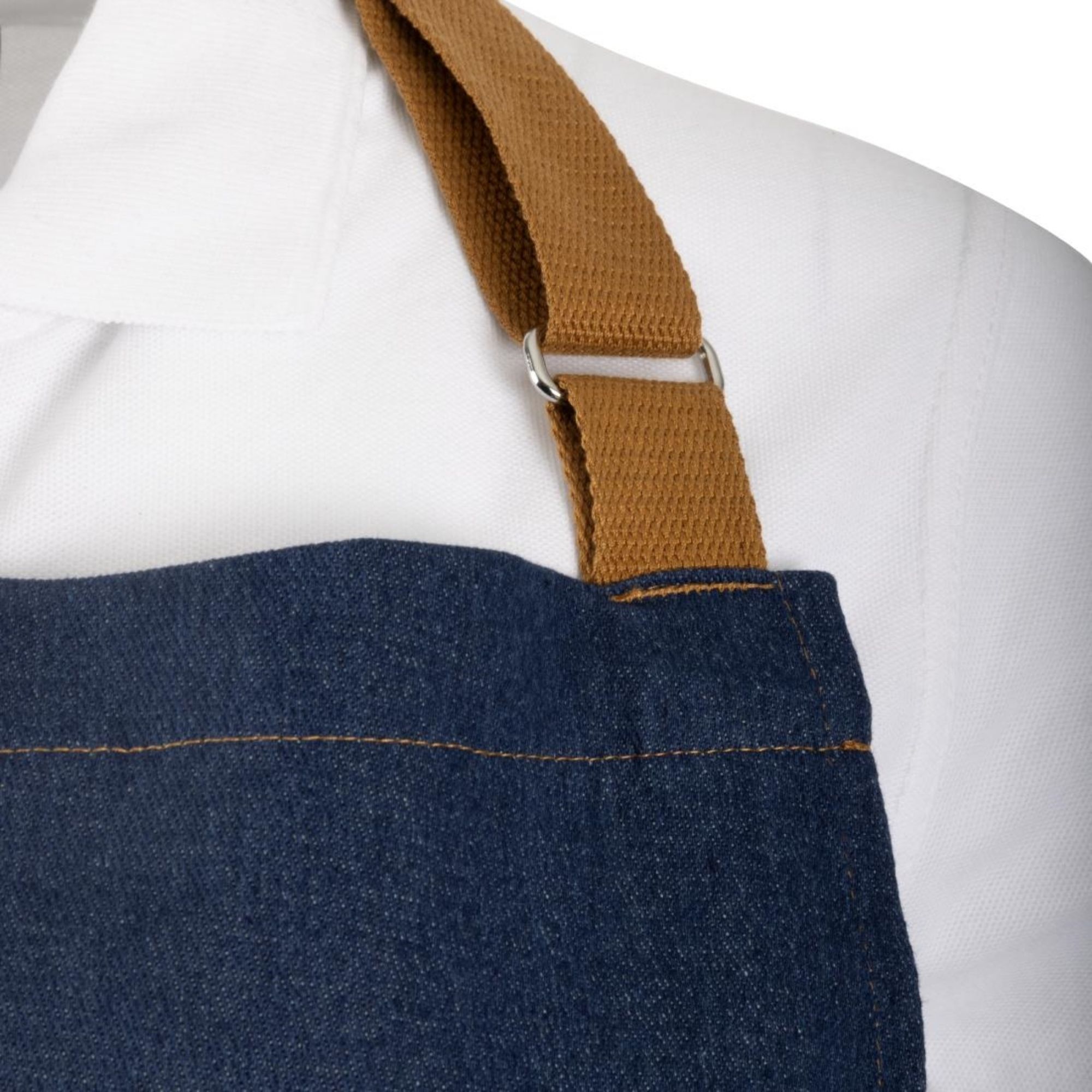 Picture of Southside Short Length Bib Apron Denim Blue with Tan Ties