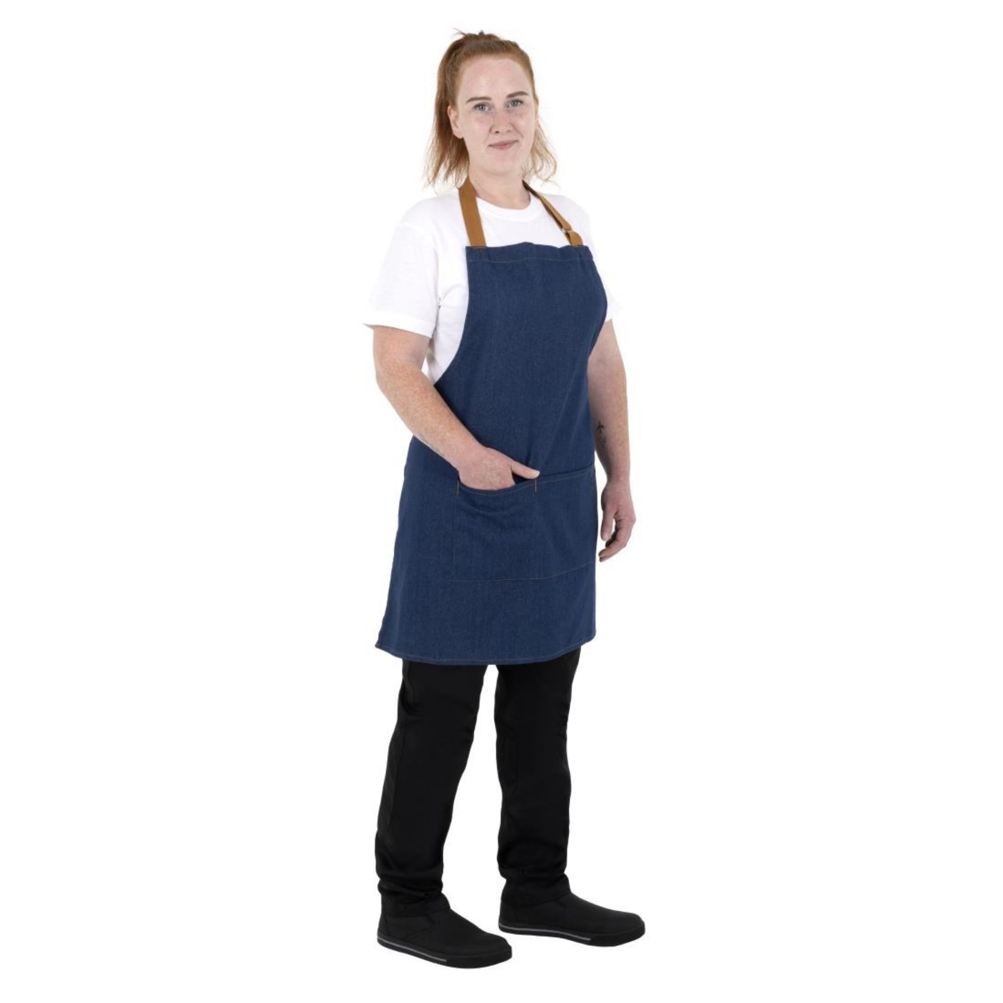 Picture of Southside Short Length Bib Apron Denim Blue with Tan Ties