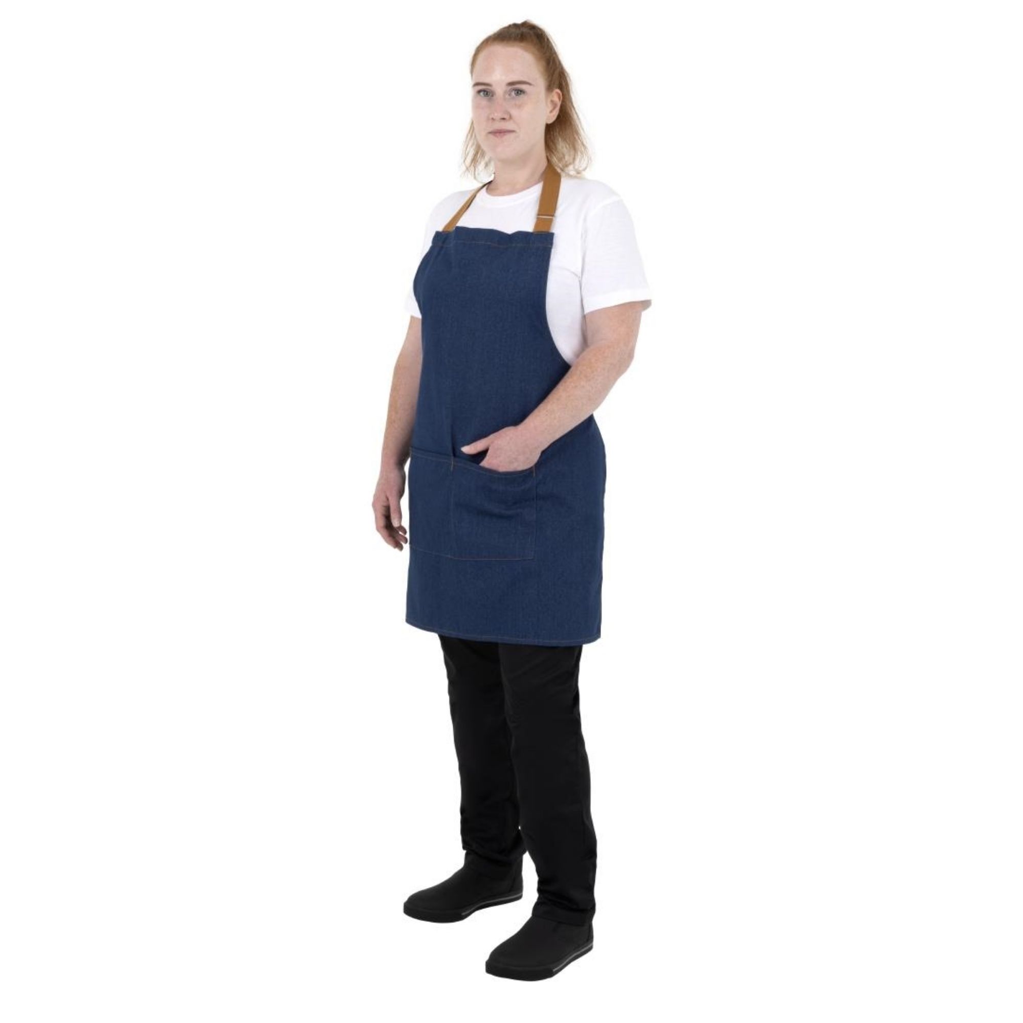 Picture of Southside Short Length Bib Apron Denim Blue with Tan Ties