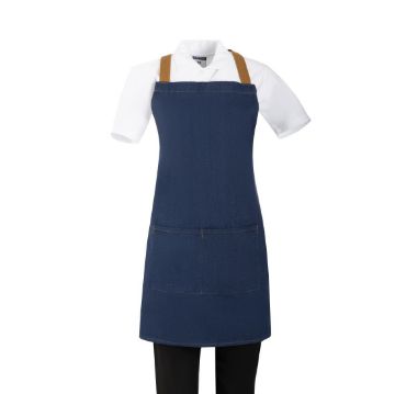 Picture of Southside Short Length X-Cross Back Bib Apron Denim Blue with Tan Ties