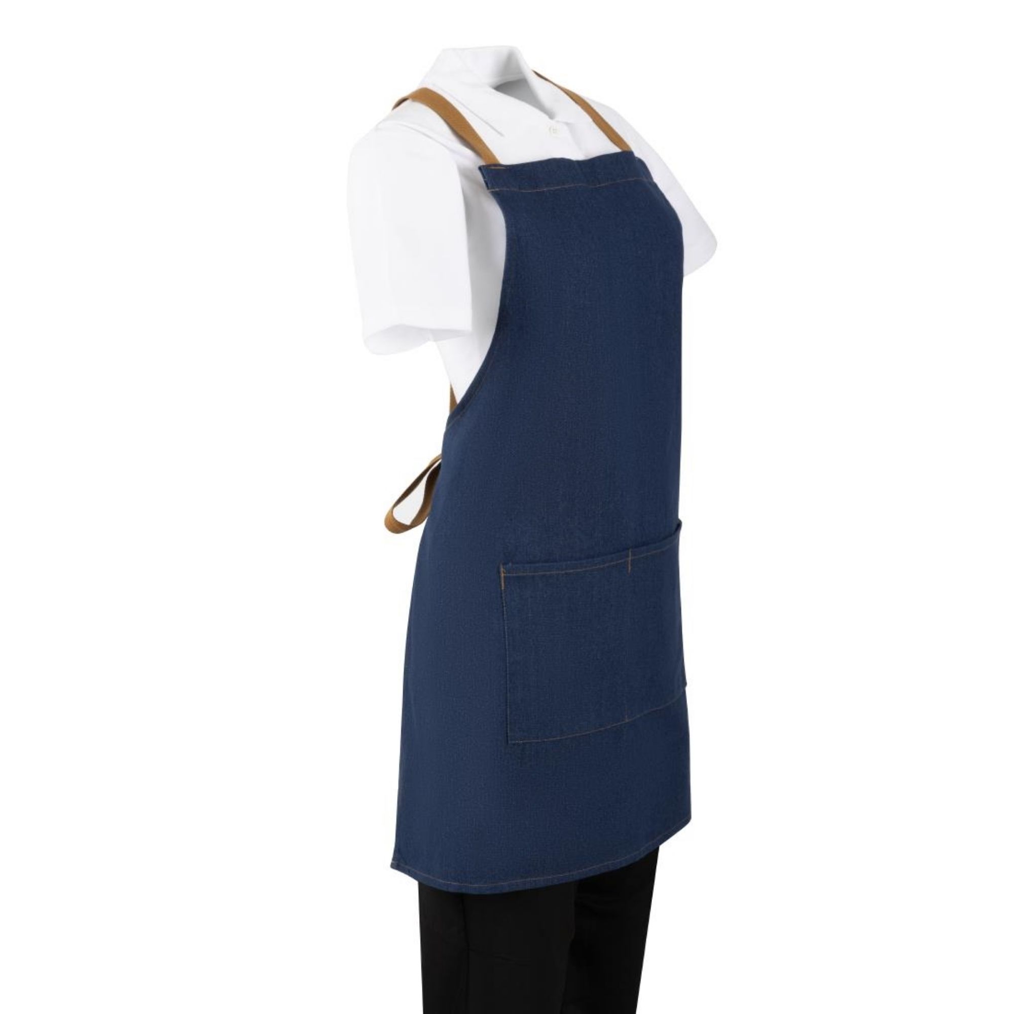 Picture of Southside Short Length X-Cross Back Bib Apron Denim Blue with Tan Ties