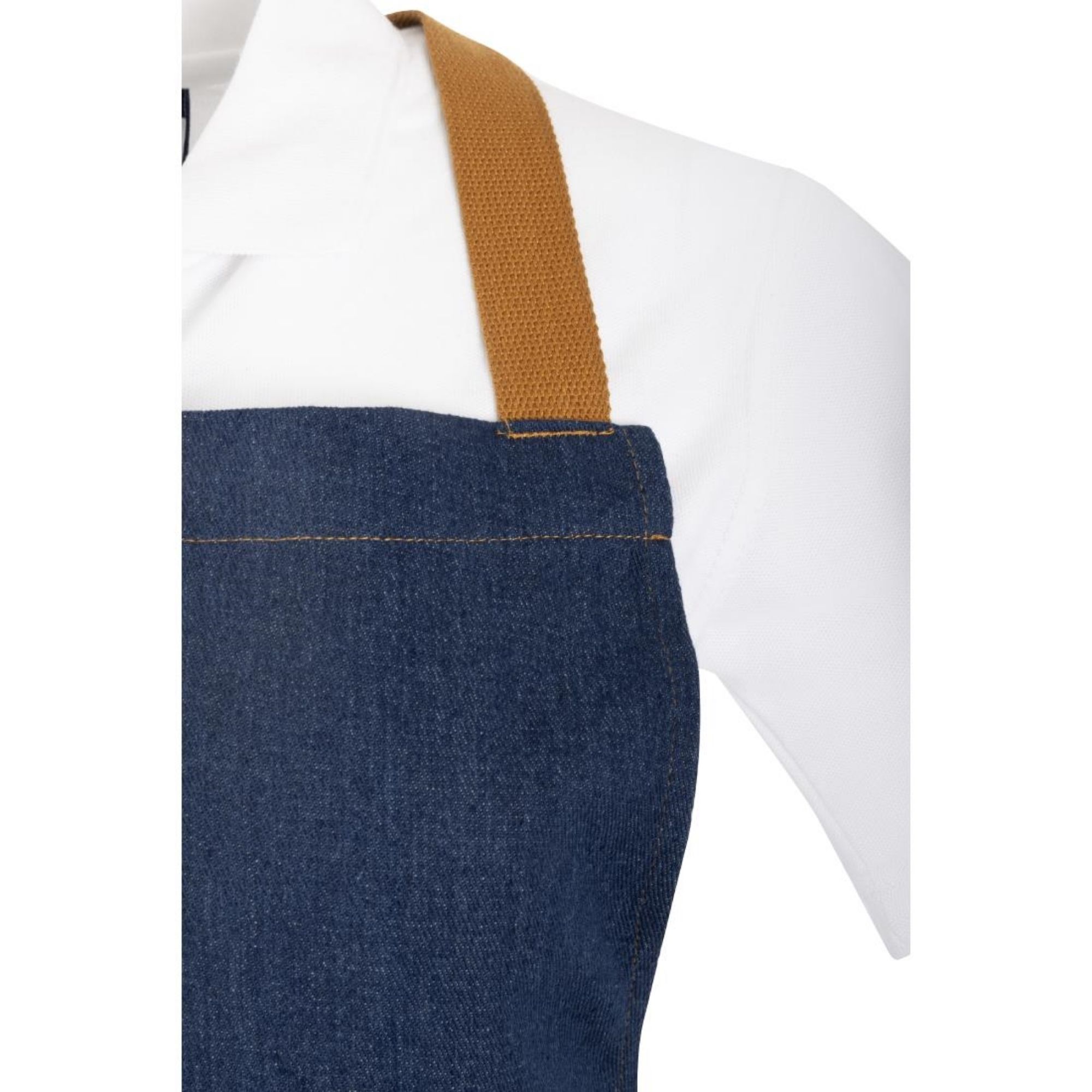 Picture of Southside Short Length X-Cross Back Bib Apron Denim Blue with Tan Ties