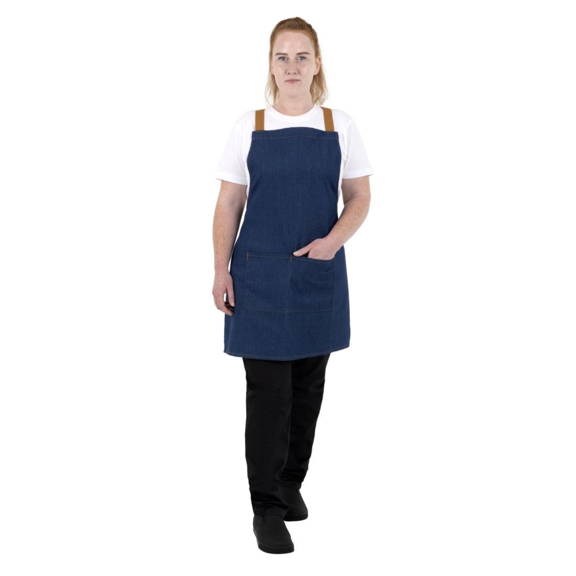 Picture of Southside Short Length X-Cross Back Bib Apron Denim Blue with Tan Ties