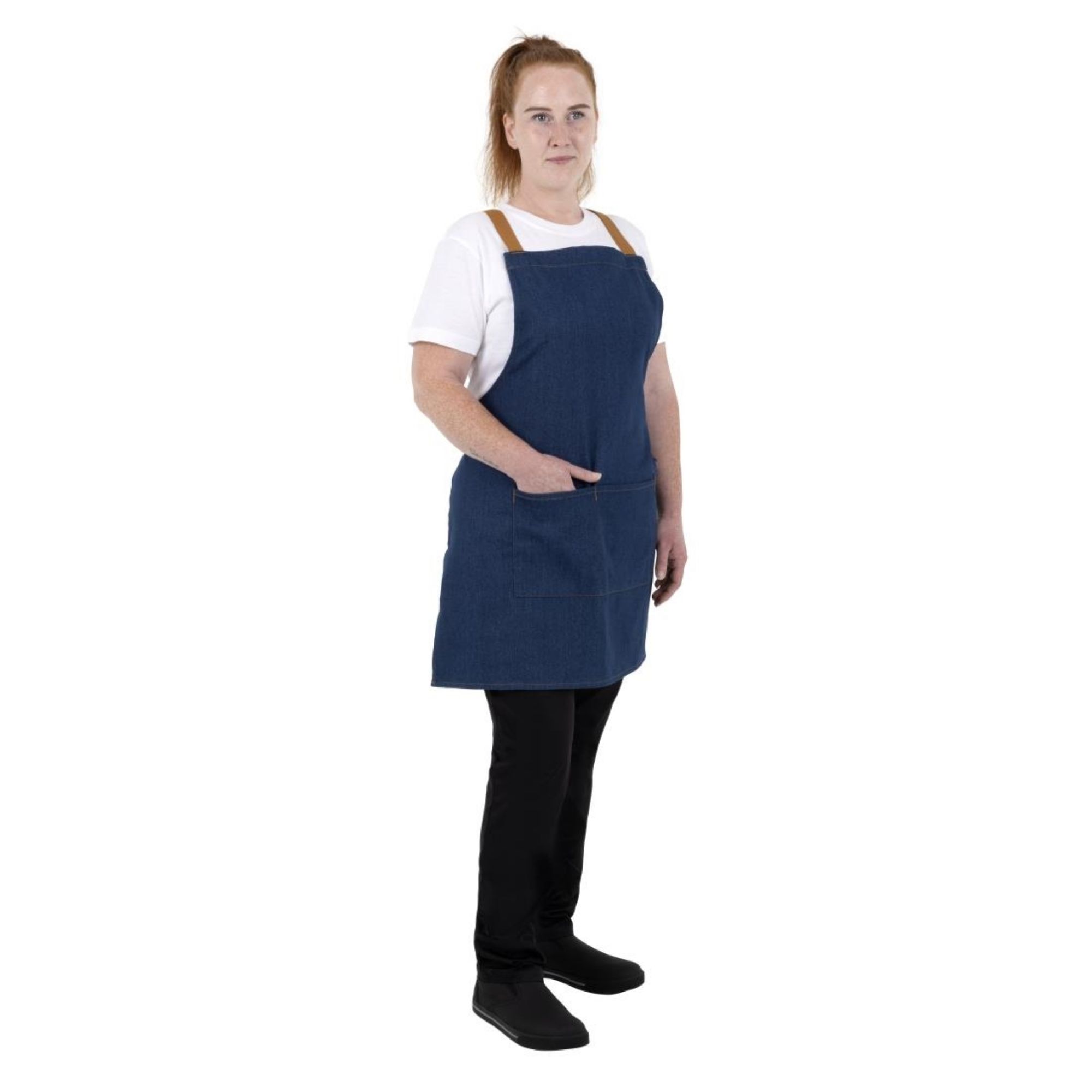 Picture of Southside Short Length X-Cross Back Bib Apron Denim Blue with Tan Ties