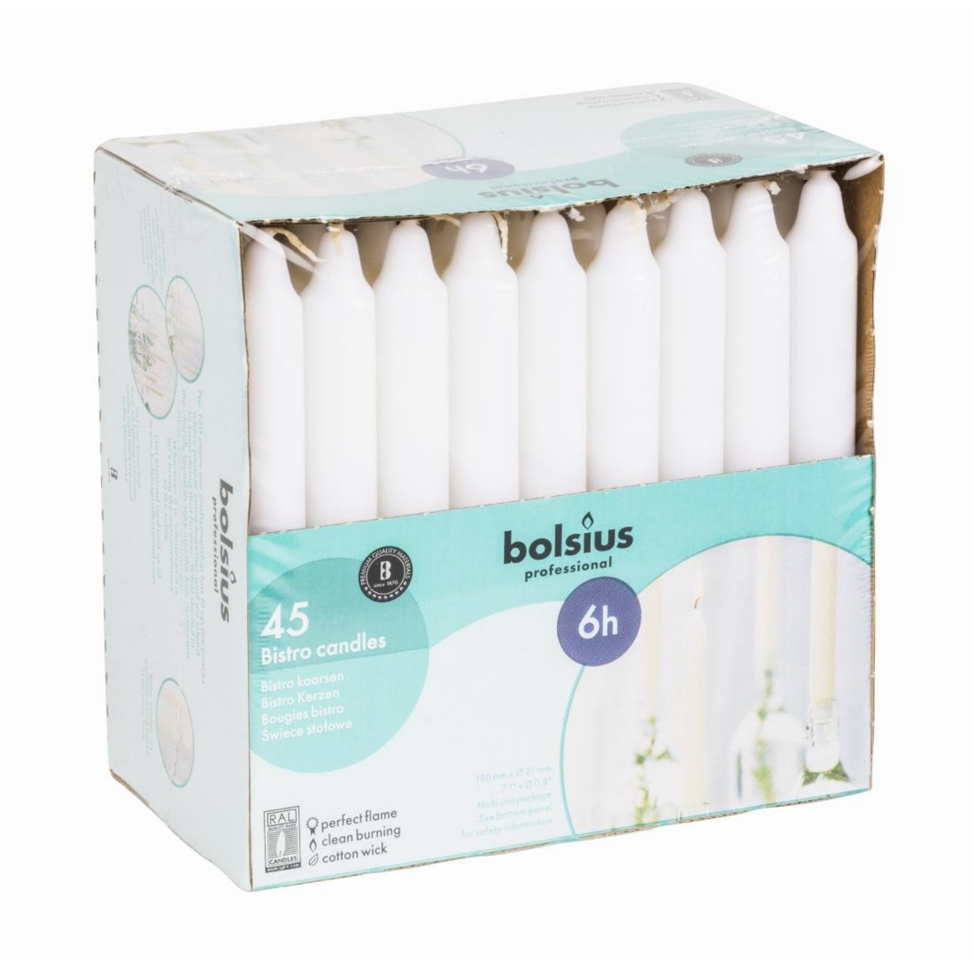 Picture of Bolsius 7" Bistro Candles White (45 Pack)