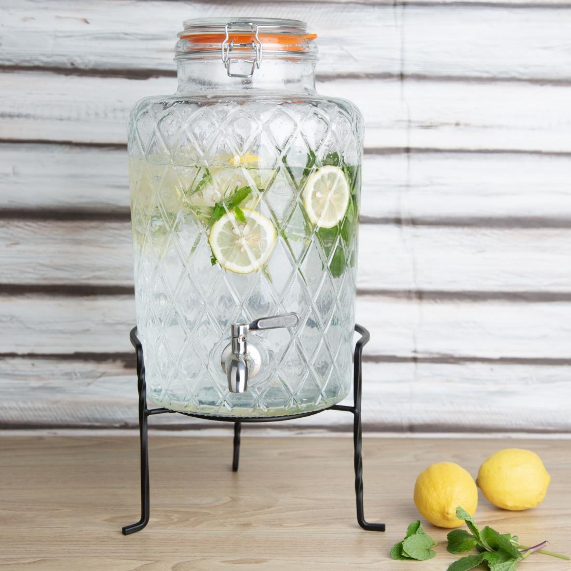 Picture of Olympia Geo Glass Clip-Top Drinks Dispenser with Wire Stand 8Ltr