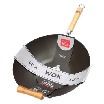 Picture of Dexam School of Wok Carbon Steel Flat Base Non-Stick Wok 405mm