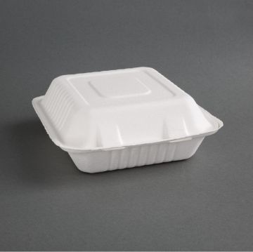 Picture of Fiesta Compostable Bagasse Hinged 3-Compartment Food Containers 201mm (200 Pack)