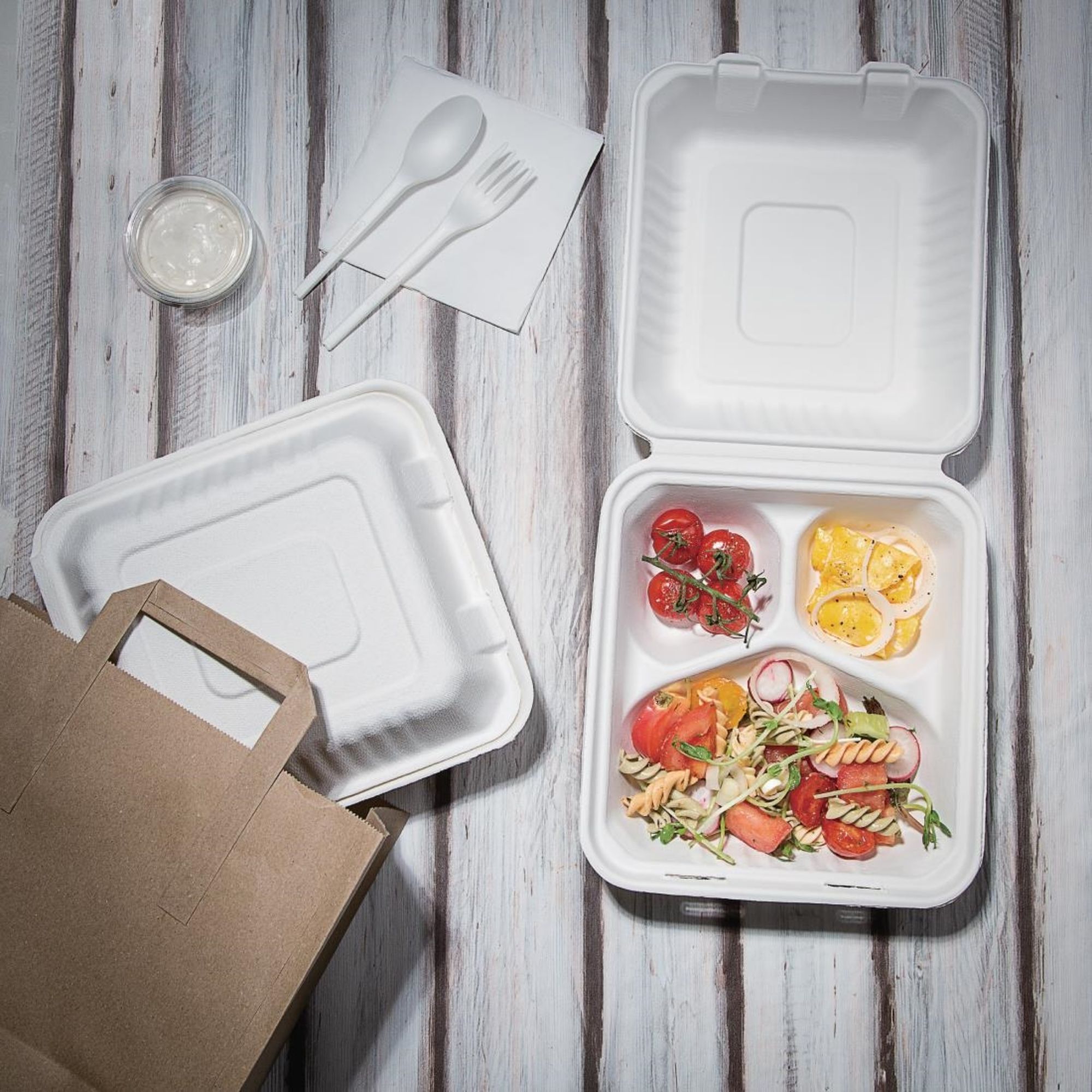 Picture of Fiesta Compostable Bagasse Hinged 3-Compartment Food Containers 201mm (200 Pack)