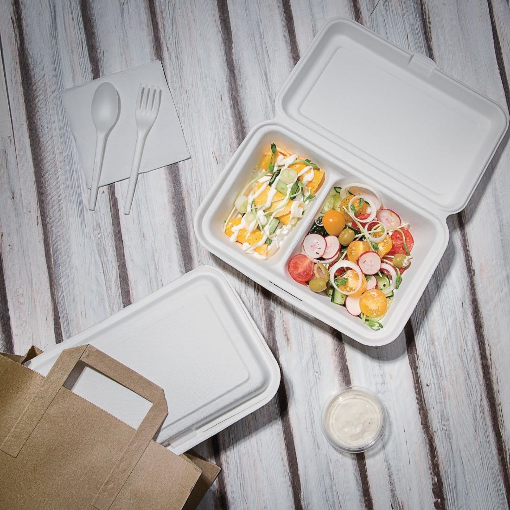 Picture of Fiesta Compostable Bagasse Hinged 2-Compartment Food Containers 253mm (200 Pack)