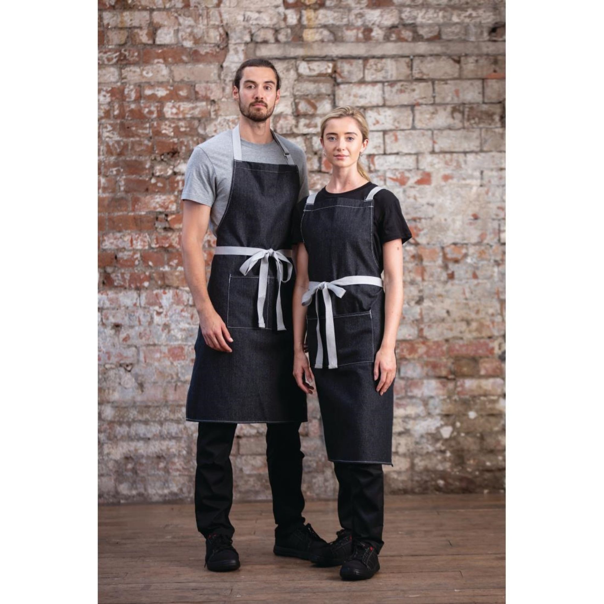 Picture of Southside X-Cross Back Bib Apron Denim Black with Grey Ties