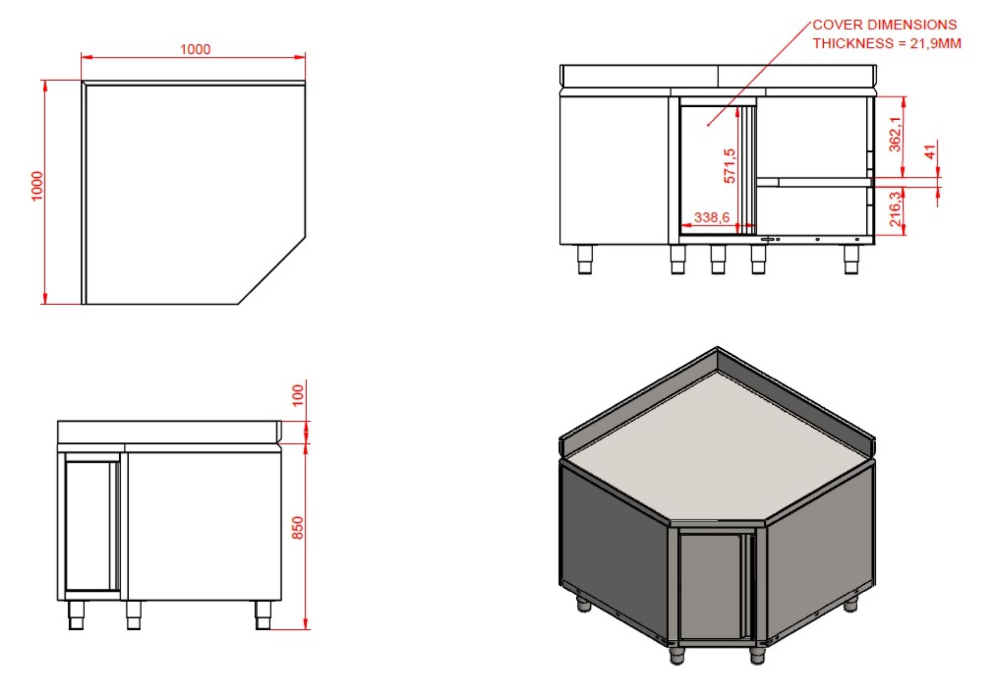 Picture of WORKTABLE CORNER WITH DOOR AND UPSTAND 1000/1000 FOR 700MM TABLES