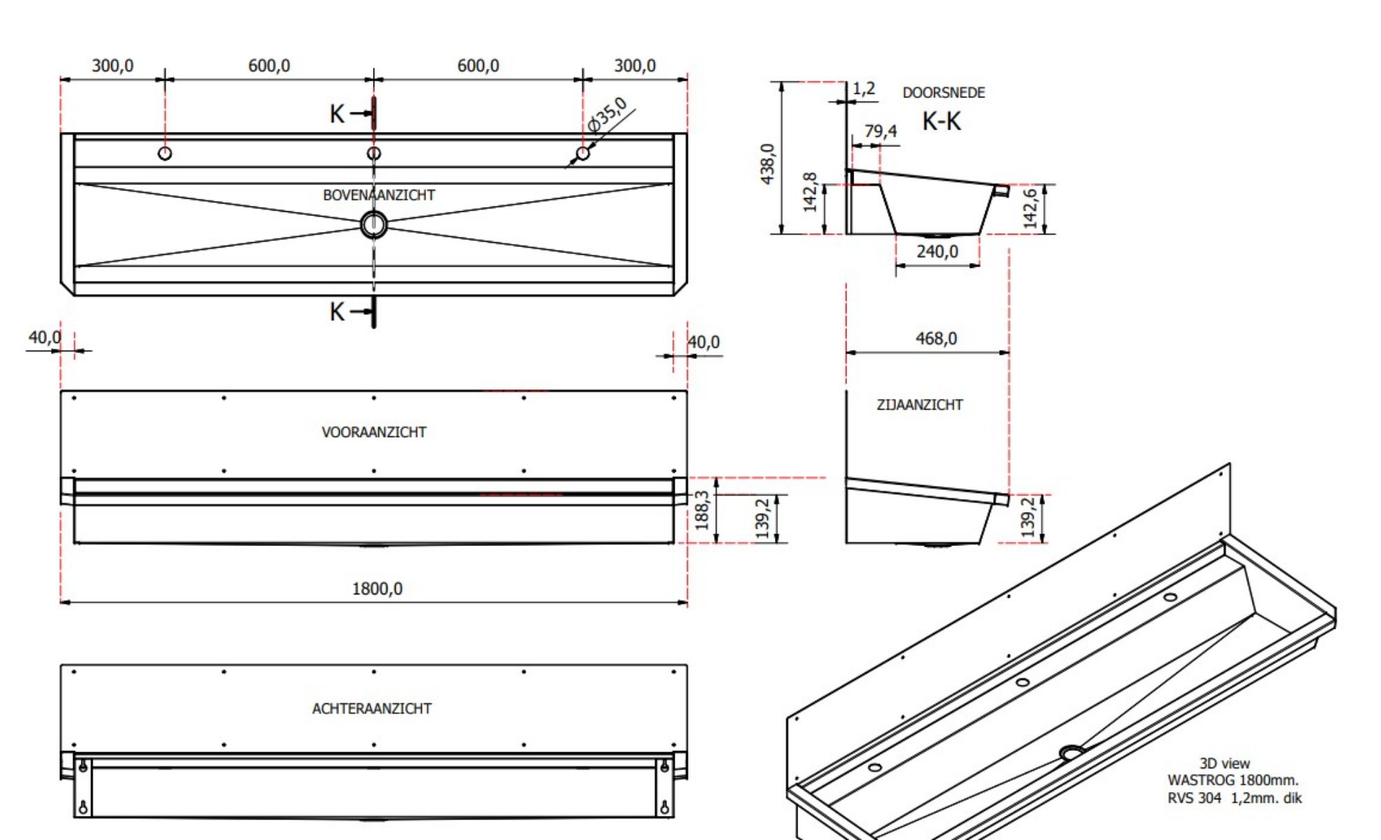 Picture of CombiSteel Stainless steel Wash Basin 1 Tap 1800Mm Drain Plug And Splash Shield Included