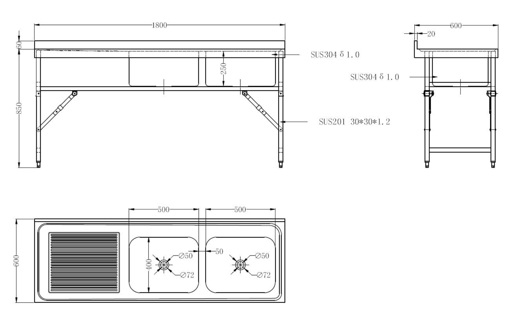 Picture of CombiSteel 600 Fold Down Sink 2 Unit 1800 Right