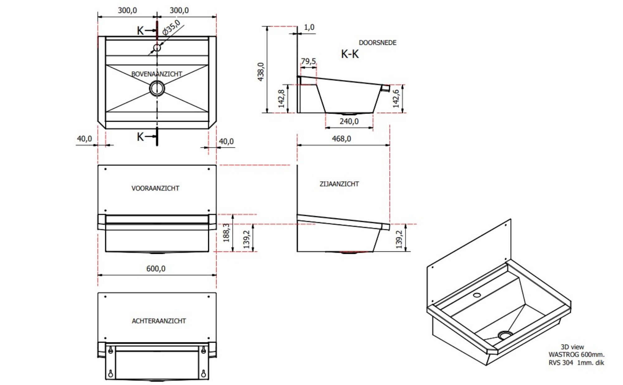 Picture of CombiSteel Stainless steel Wash Basin 1 Tap 600MM Drain Plug And Splash Shield Included