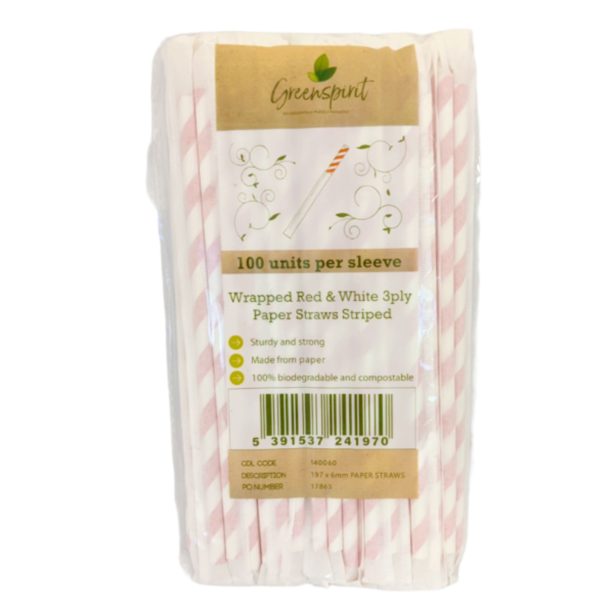 Picture of 6x197mm, 3ply, Wrapped GS Paper Straws Red Stripes (48x100)