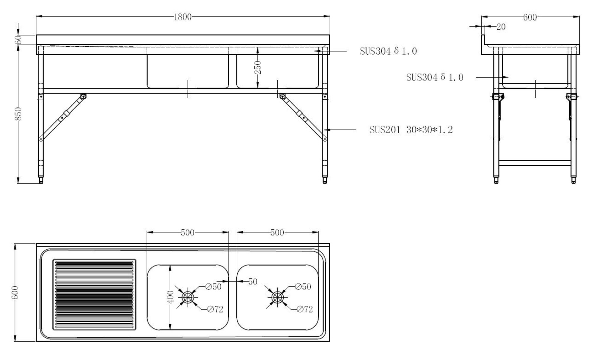 Picture of CombiSteel 600 Fold Down Sink 2 Unit 1800 Right