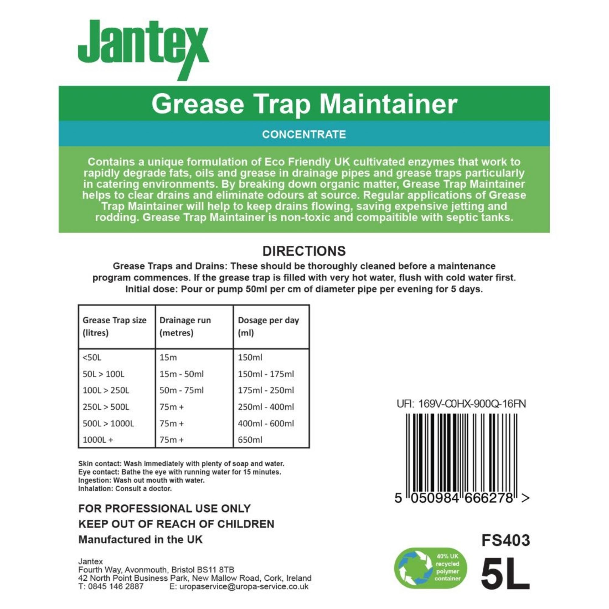 Picture of Jantex Green Grease Trap Maintainer Concentrate 5Ltr