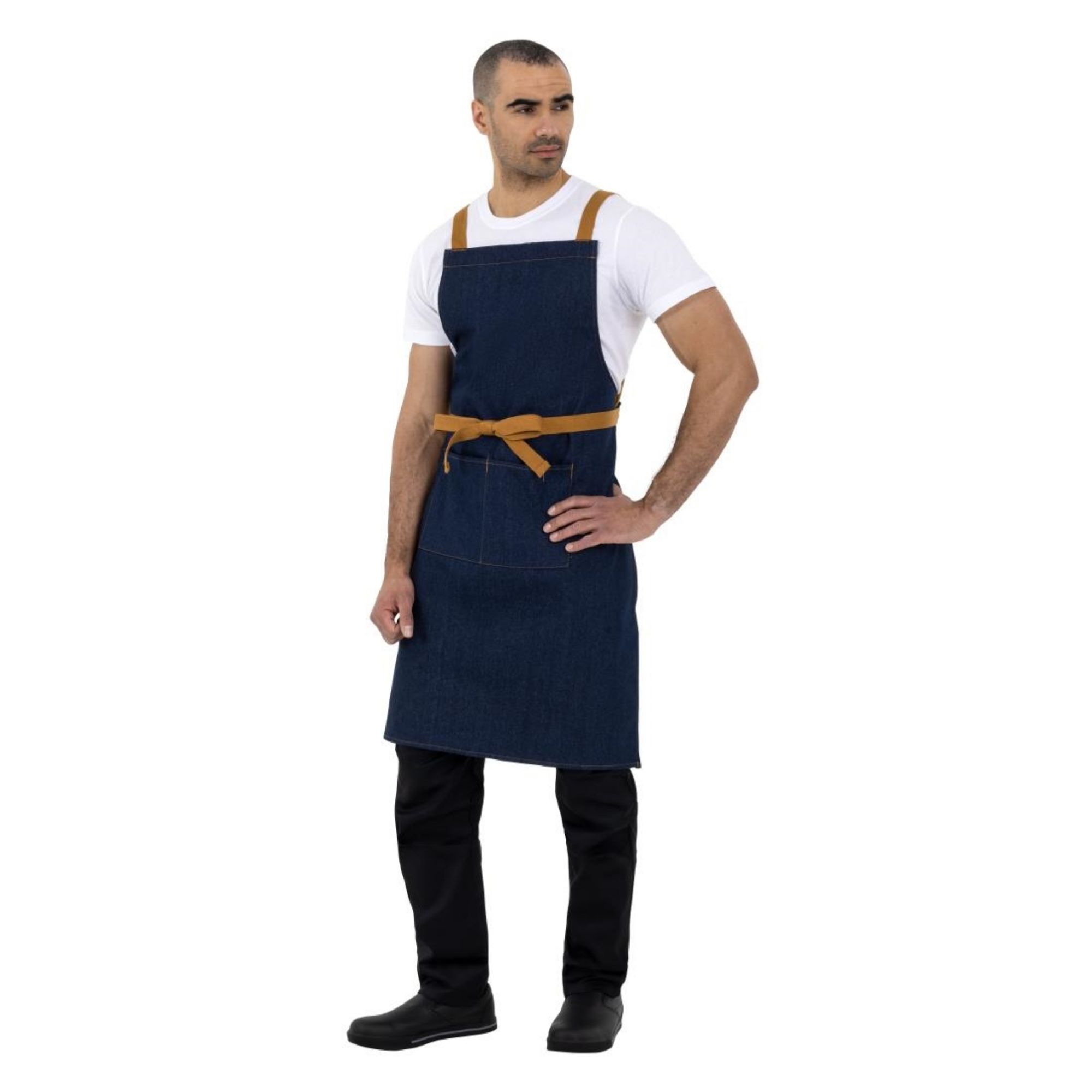 Picture of Southside X-Cross Back Apron Denim Blue Tan Ties