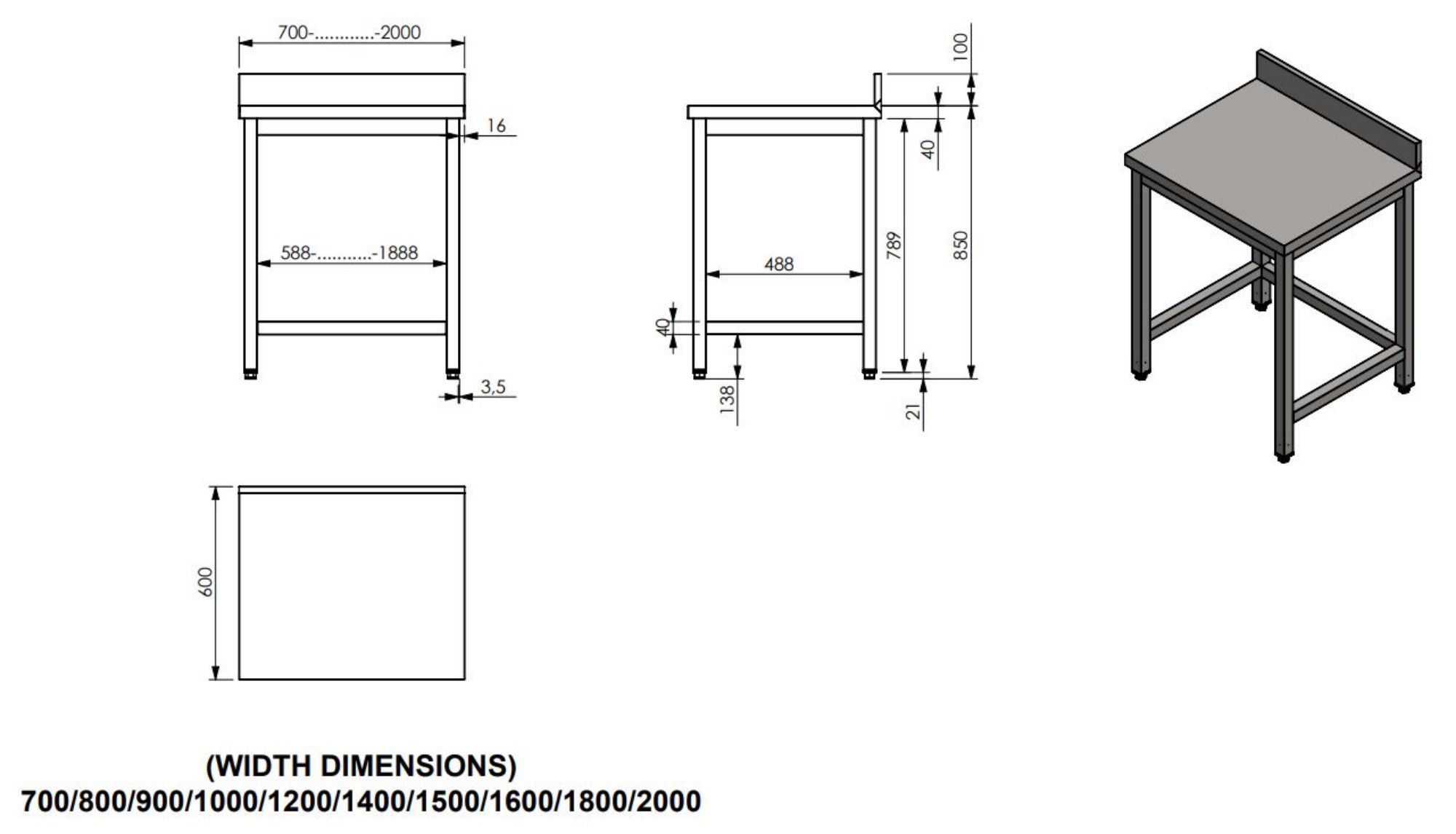 Picture of Combisteel 600 mm Open-Frame Worktable with Upstand - 800 mm