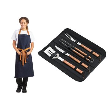 Picture of Deglon Sabatier Prep Like A Pro 4-Piece BBQ Utensil Set With Whites Denim-Blue Apron